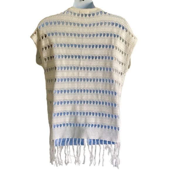 Jolie & Joy White Open Knit Sleeveless Cardigan Tassel Trim Junior's Size Medium - Picture 4 of 7